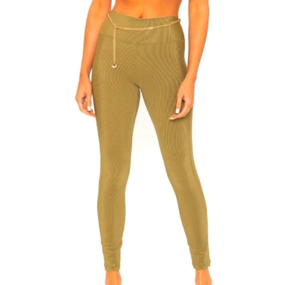 We Wore What Chain Waist High Rise Ribbed Green Leggings